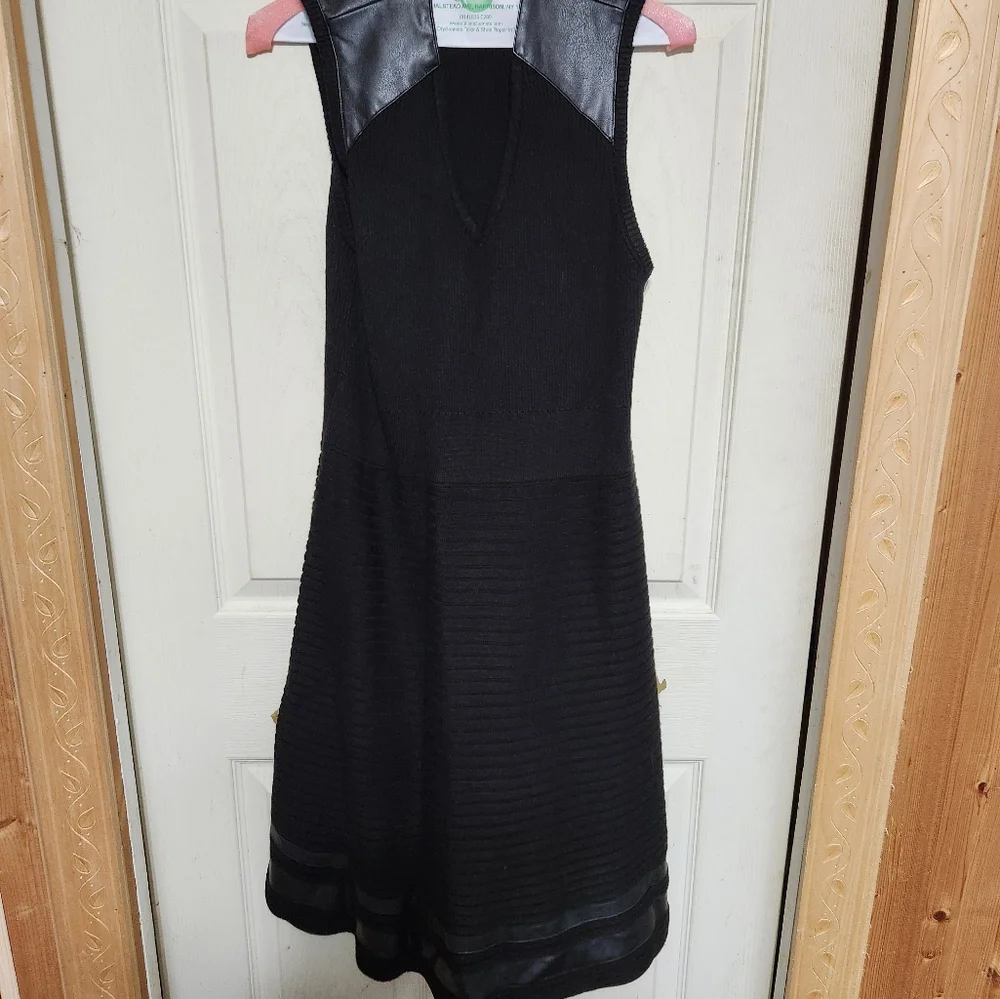 Calvin Klein Black Midi Dress with Leather Accents - Picture 3 of 11